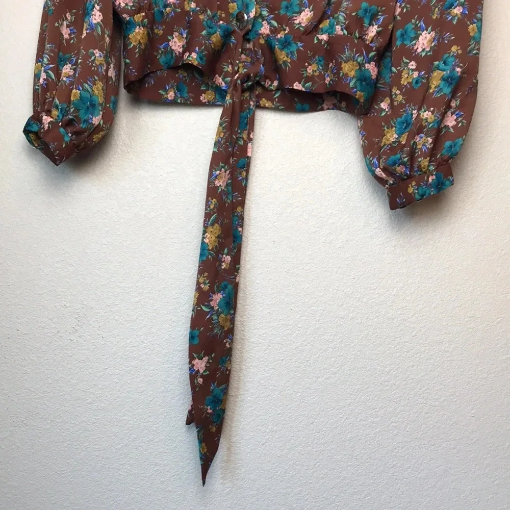 Zara | Brown Floral Tie Top - Picture 3 of 8